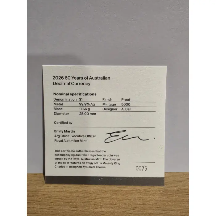 2026 'C' mintmark, 60th anniversary of Decimal Currency $1 silver proof coin 