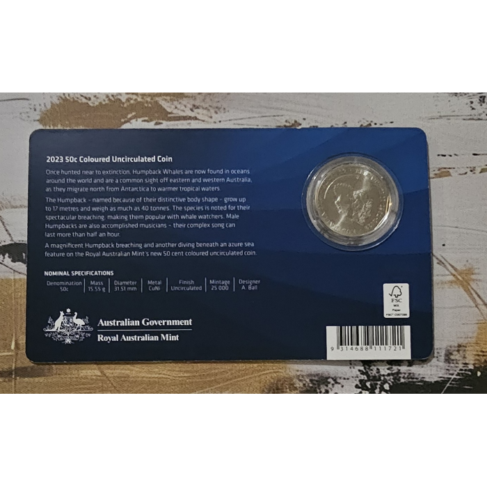 2023 Antarctic Territory Humpback Whale 50 Cent Coloured RAM Coin On Card