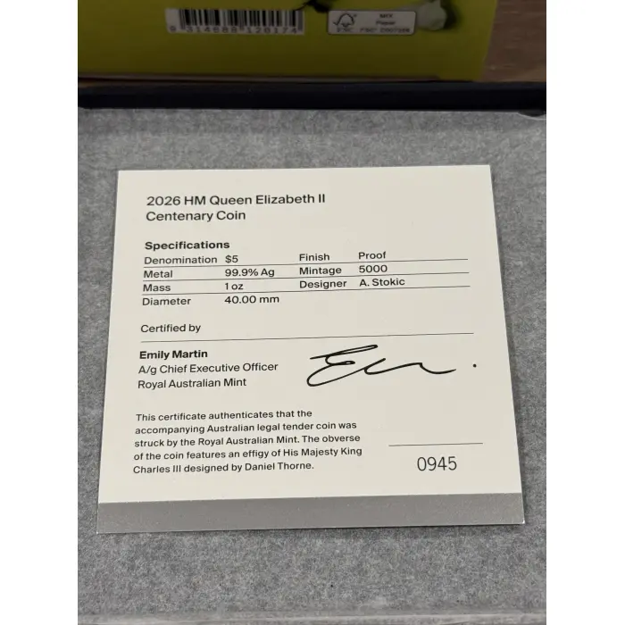 2026 $5 HM Queen Elizabeth I I Centenary Silver Proof Coin