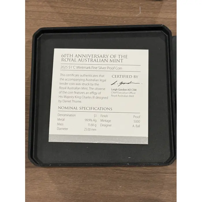 AUSTRALIA ROYAL AUSTRALIAN MINT 60TH ANNIVERSARY 2025 $1 C MINTMARK SILVER PROOF
