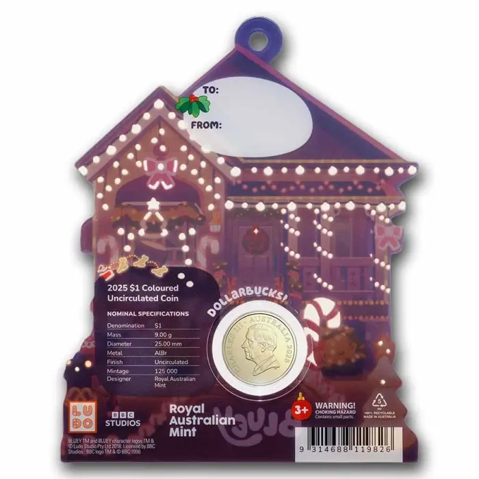 2025  $1 Bluey Christmas Uncirculated  Coloured Carded Coin