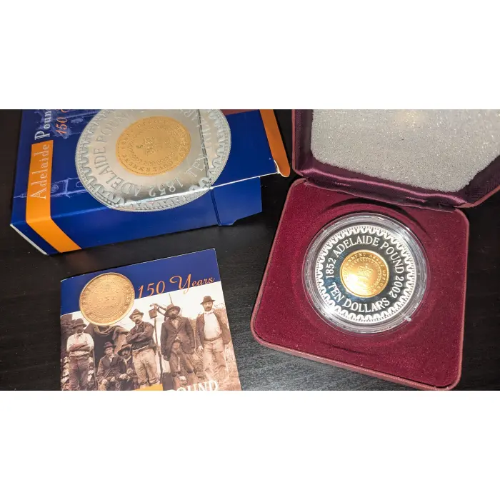 $10 2002 Adelaide Pound 150th Ann. Gold Plated Silver Proof
