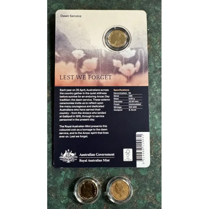 2026 $2 Remembrance Day  Dawn Service 'C' Mint Coin + 2 x $2 standard in capsule