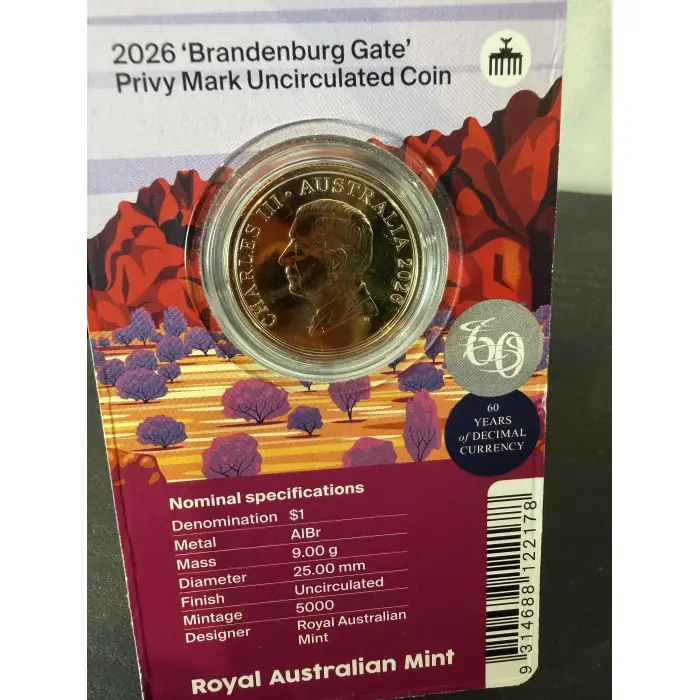 2026 $1 BERLIN WMF MOB OF 6 ROOS BRANDENBURG GATE PRIVY MARK CARDED COIN