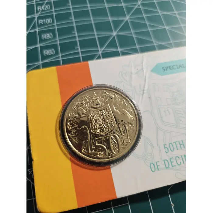 50th Ann of decimal currency round 50 cent