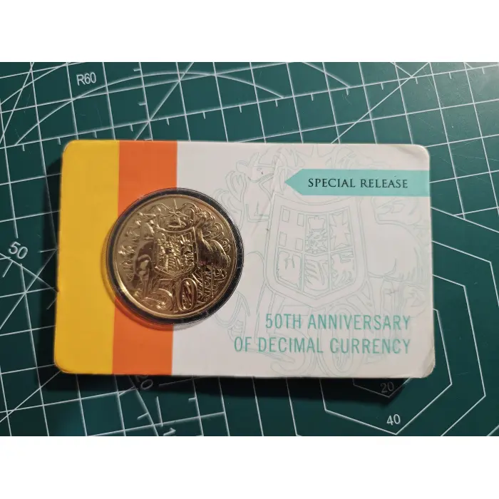 50th Ann of decimal currency round 50 cent