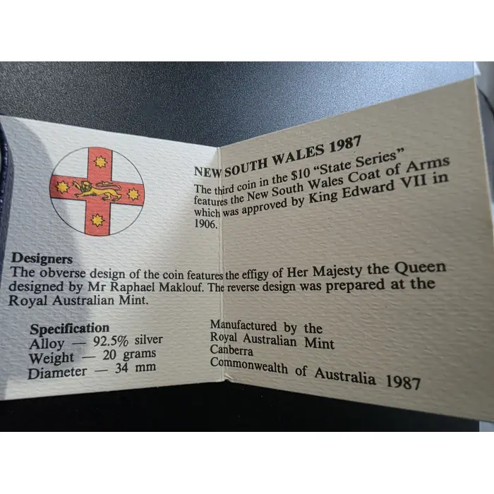 1987 - "New South Wales" - State Series Silver Proof $10 Coin