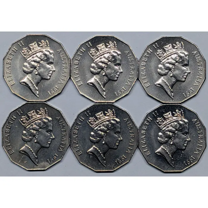 1991 50c X 6 UNC 25th Ann. of Decimal Changeover Coins - Minor Imperfections