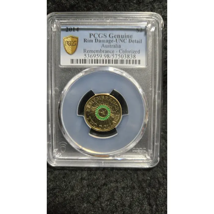 2014 $2 Remembrance Day Green Dove UNC scratched rim.