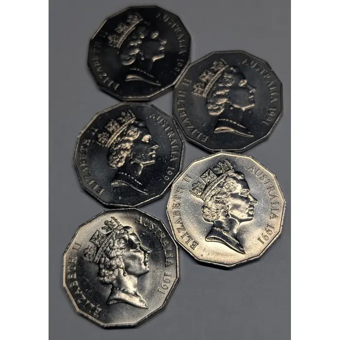 1991 50c Coin - Five  UNC 25th Decimal Changeover Coins - Slightly Imperfect
