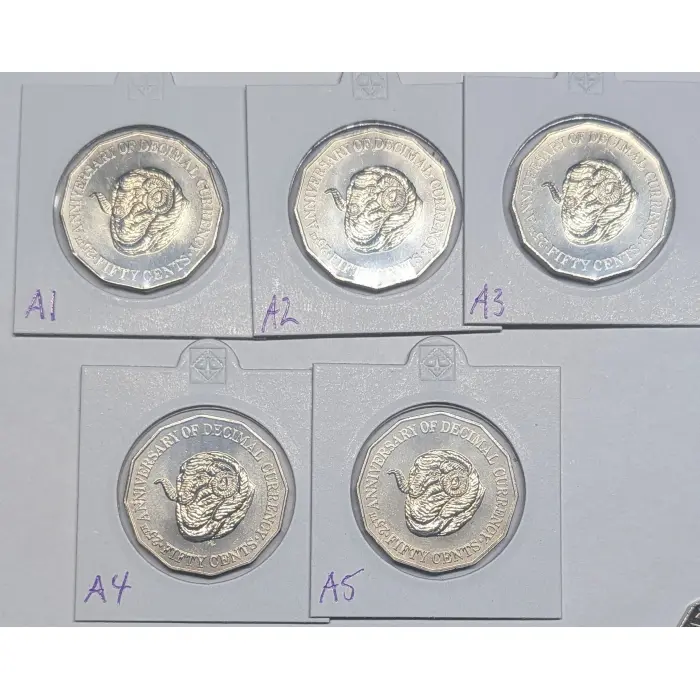 1991 50c Coin - Five  UNC 25th Decimal Changeover Coins - Slightly Imperfect