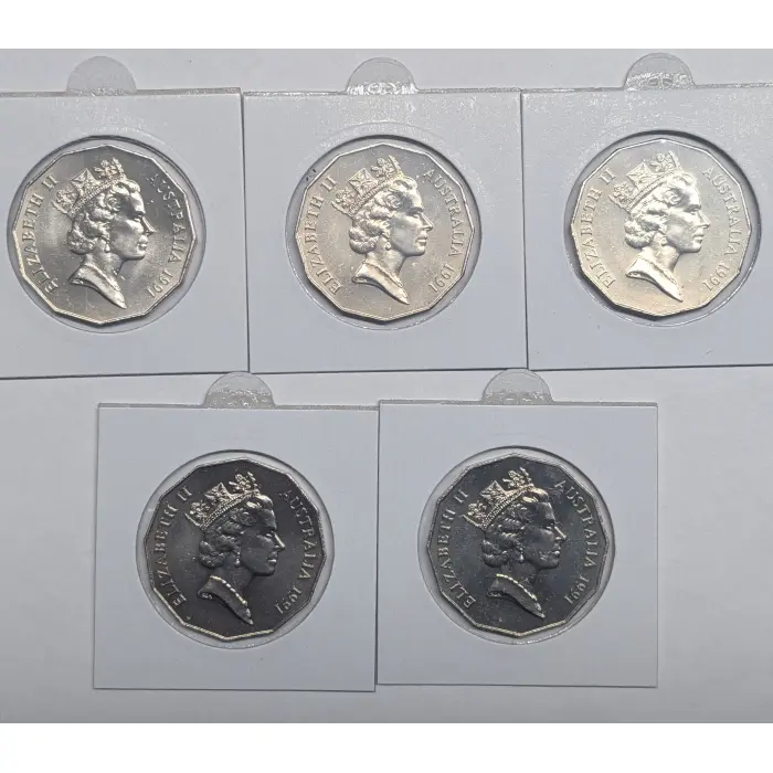 1991 50c Coin - Five  UNC 25th Decimal Changeover Coins - Slightly Imperfect