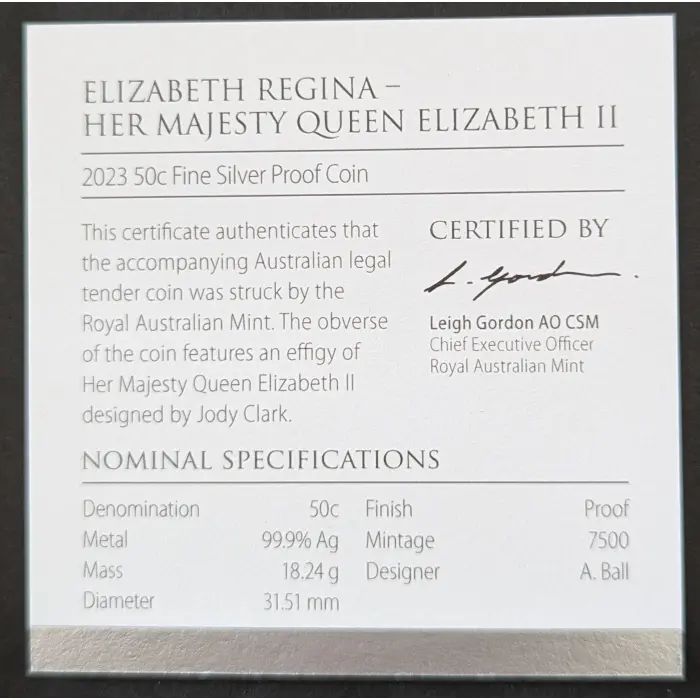 2023 Elizabeth Regina 50c Fine Silver Proof Coin