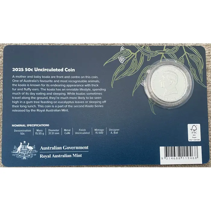 2025 Koala Series Uncirculated 50c coin in card