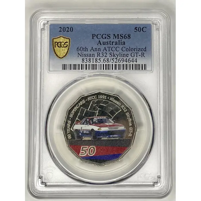 2020  50C PCGS MS68 Australia 60th Ann ATCC Colorized Nissan R32 Skyline GT-