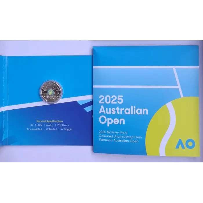 2025 $2 Australian Open Men's + Women's FLUORO YELLOW Tennis Coin Set