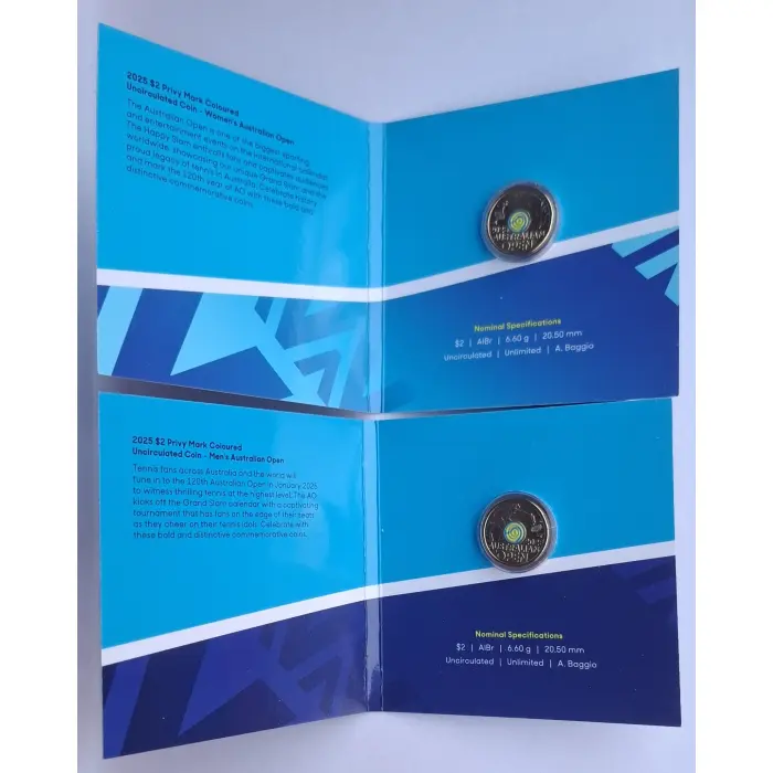 2025 $2 Australian Open Men's + Women's FLUORO YELLOW Tennis Coin Set