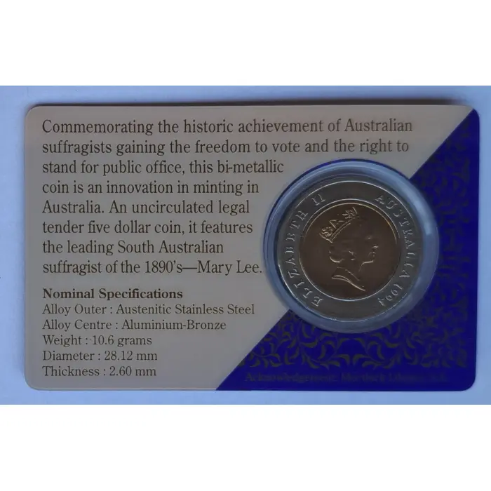 1994 $5 100 Years Of The Enfranchisement Of Women In SA Carded Coin