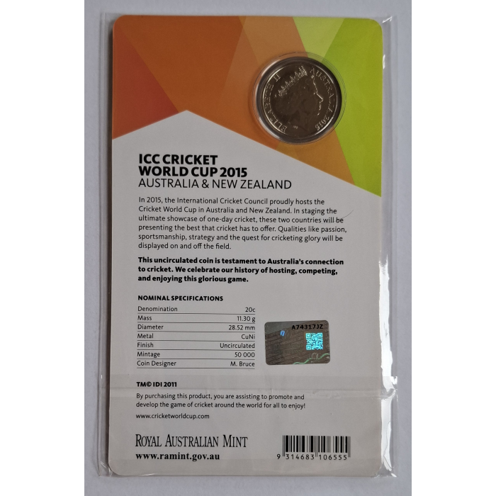 2015 20c ICC Cricket World Cup Carded Coin