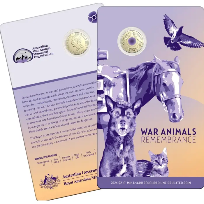 2024 $2 ‘C’ Mintmark Coloured Uncirculated Coin UNC – War Animals Remembrance