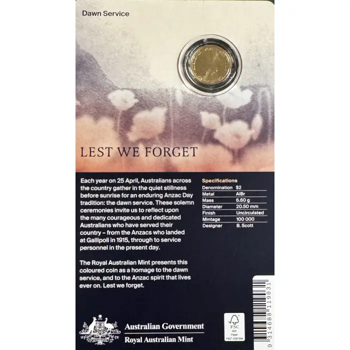 2026 $2 Dawn Service C-Mint  on card - Lest We Forget