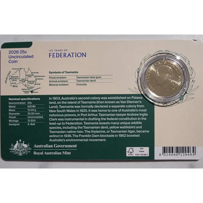 125 Years Of Federation Tasmania Coin in Card