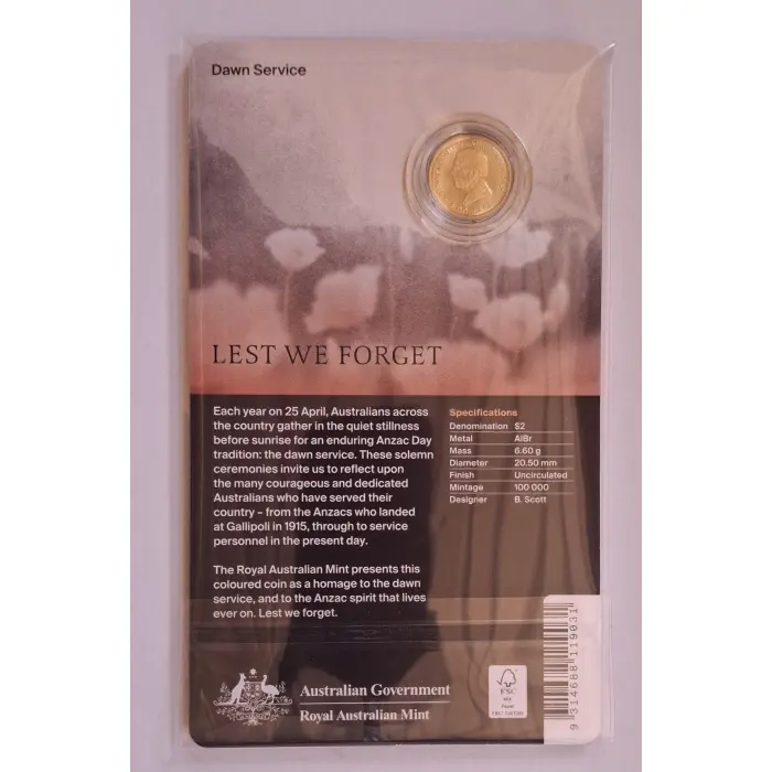 2026 $2 Remembrance Day- Dawn Service 'C' Mint Mark Carded Coin