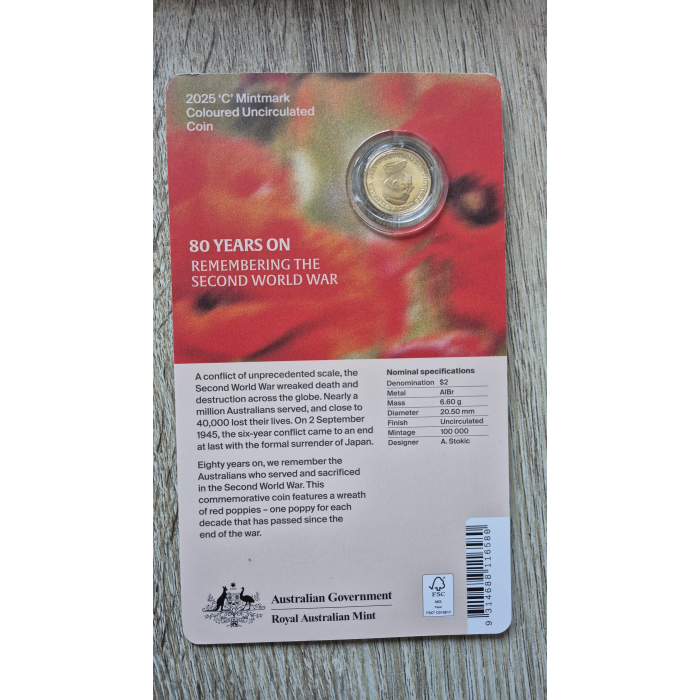 2025 $2 80 Years On Remembrance Day Poppy 'C' Mint Mark Carded Coin