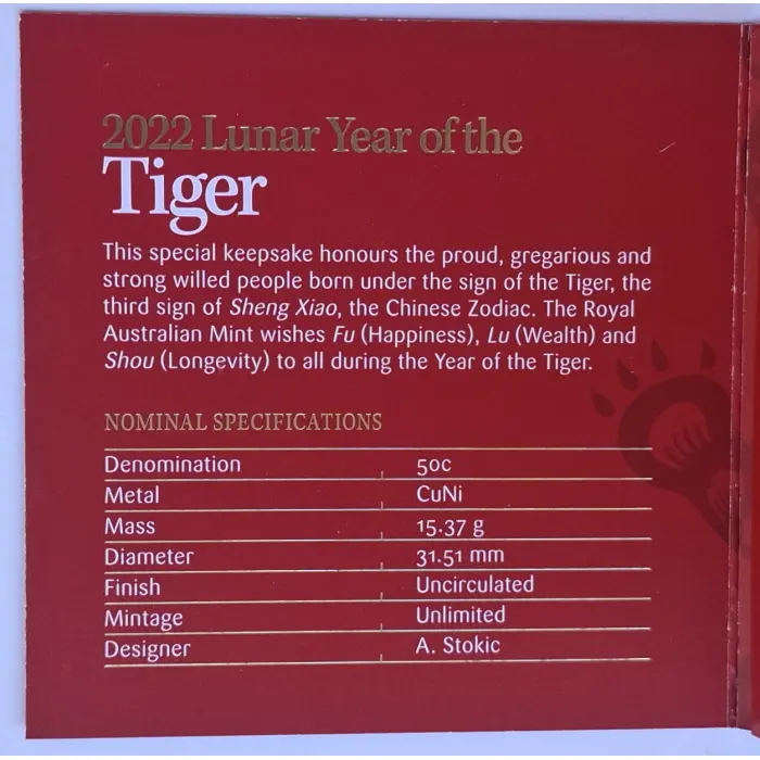 2022 50c Lunar Year Of The Tiger Tetra-Decagonal Coin in Tri-Fold Card