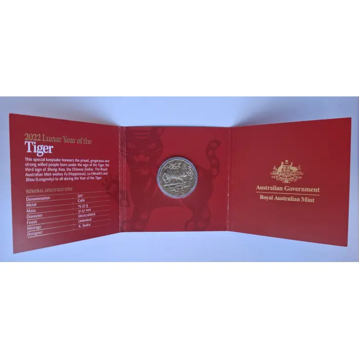 2022 50c Lunar Year Of The Tiger Tetra-Decagonal Coin in Tri-Fold Card