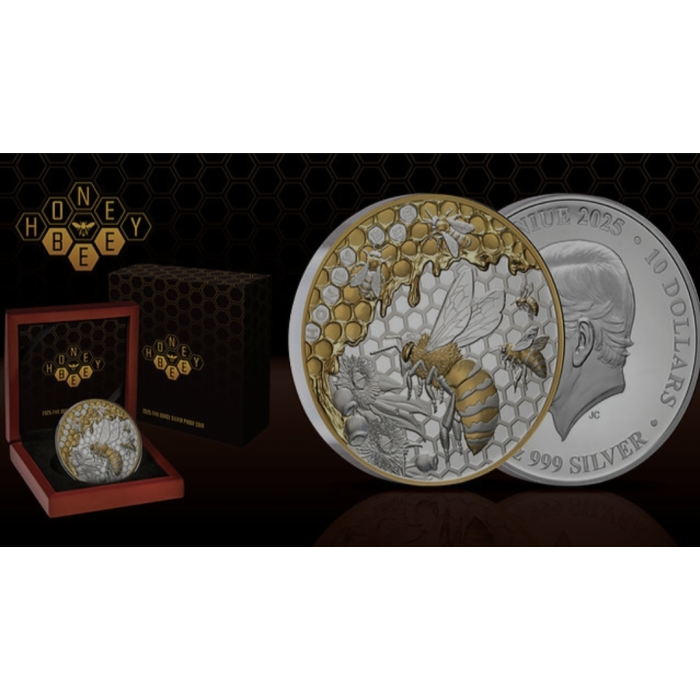 Honey Bee 5oz Gold Plated .999 Silver Proof Coin $10 Niue 2025