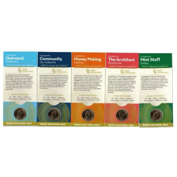 5 x 2025 $1 60th anniversary of royal australian mint c mintmark all cards
