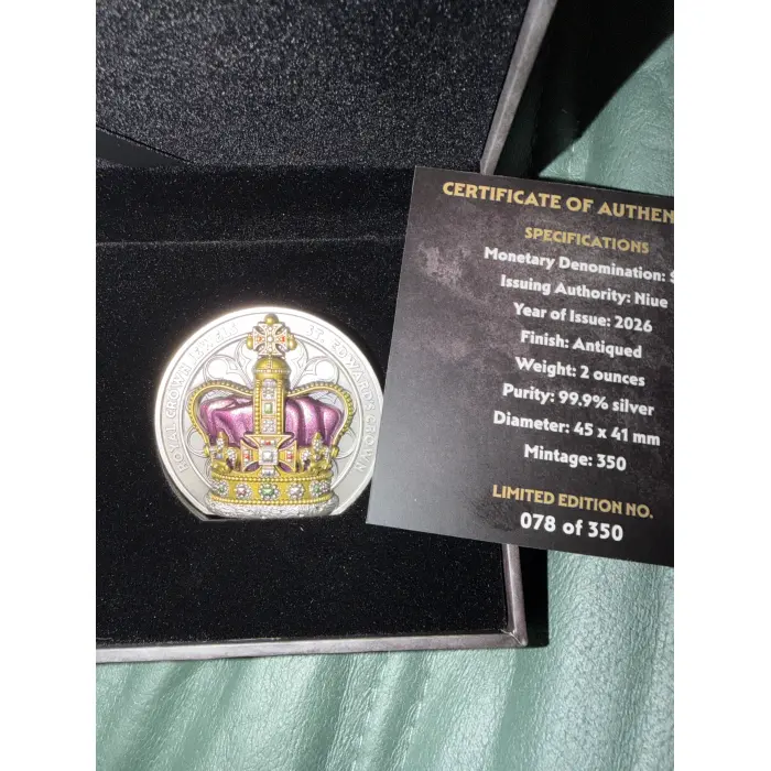 2 Ounce Royal Crown Jewels $5 antiqued st Edward’s  Crown low Mintage  078/350