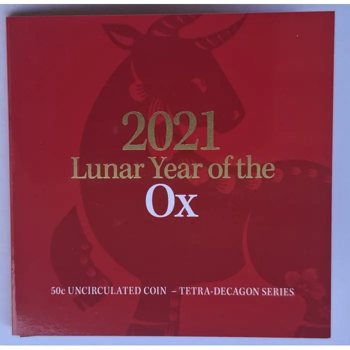 2021 50c Lunar Year Of The Ox Tetra-Decagonal Coin in Tri-Fold Card