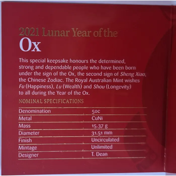2021 50c Lunar Year Of The Ox Tetra-Decagonal Coin in Tri-Fold Card