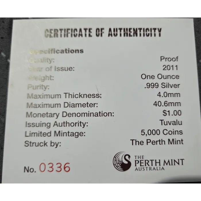 2011 $1 Endangered Tasmanian Tiger 1oz Silver coloured proof coin