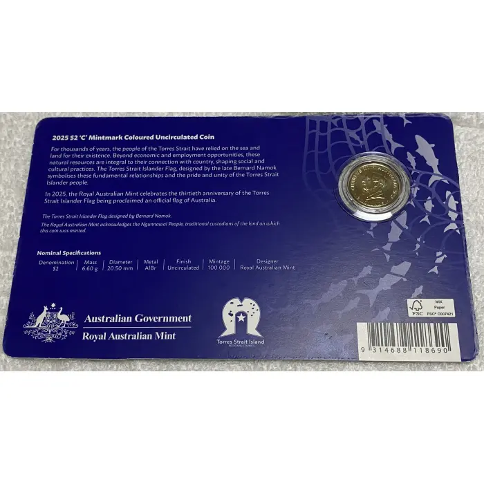 2025 $2 C Mint Mark Torres Strait Islander Flag coin in card