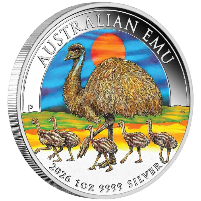 2026 Australia $1 Perth Mint Australian Emu 1oz Silver Coloured Coin