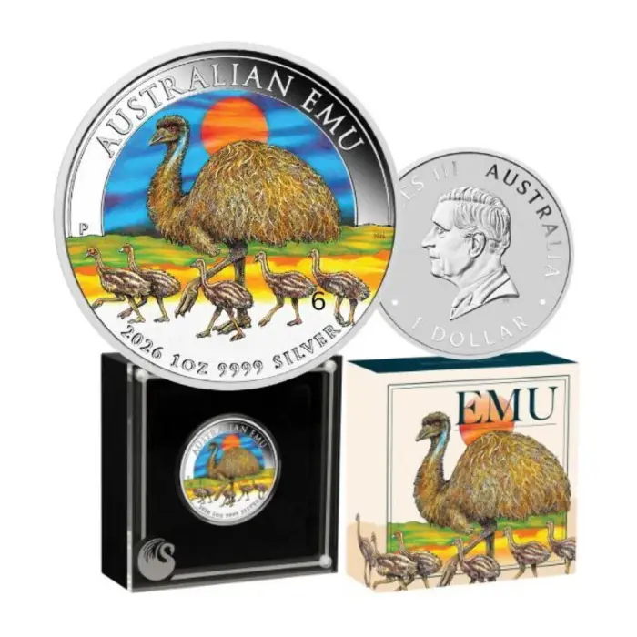 2026 Australia $1 Perth Mint Australian Emu 1oz Silver Coloured Coin