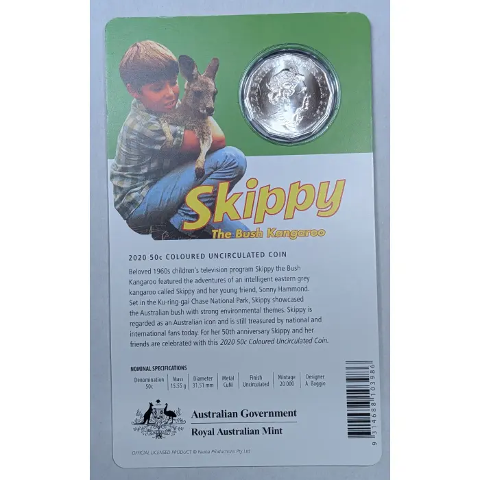 2020 50c Skippy the Bush Kangaroo Coloured Uncirculated Coin and RAM Card