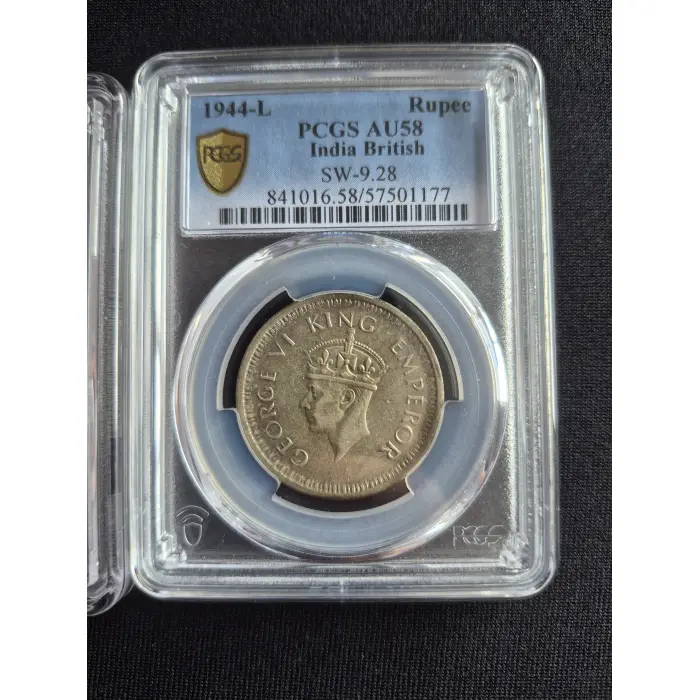 Graded 1945 B & 1944 L British India Rupee coins (Both graded AU58)