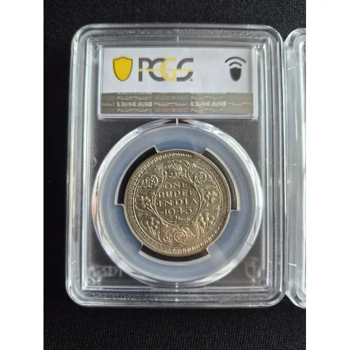 Graded 1945 B & 1944 L British India Rupee coins (Both graded AU58)