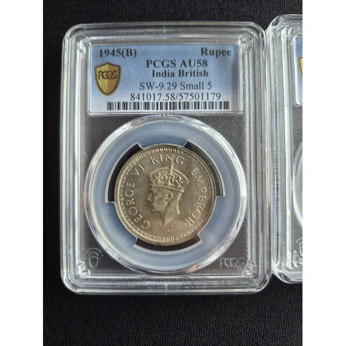 Graded 1945 B & 1944 L British India Rupee coins (Both graded AU58)