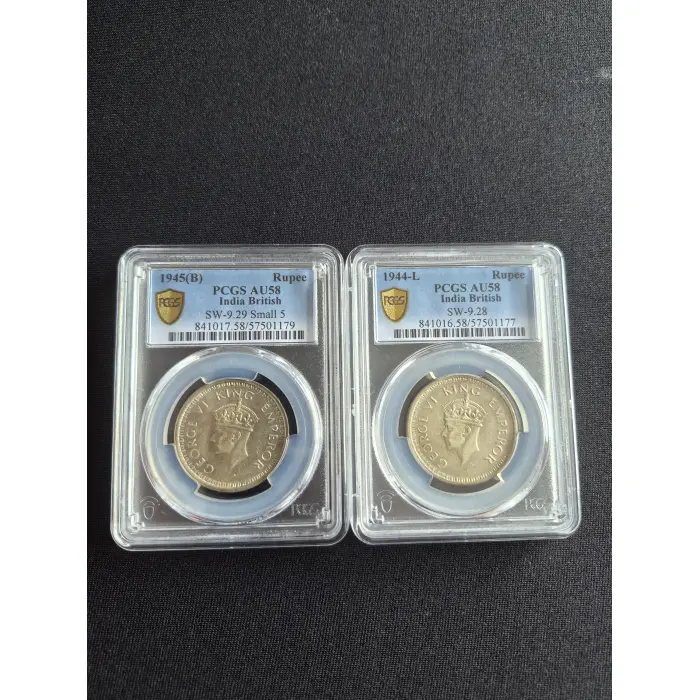 Graded 1945 B & 1944 L British India Rupee coins (Both graded AU58)