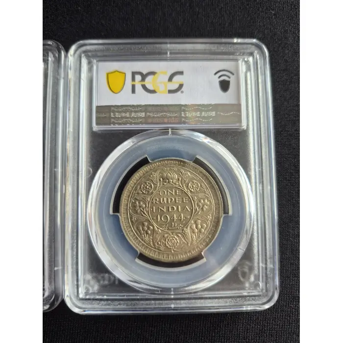 Graded 1945 B & 1944 L British India Rupee coins (Both graded AU58)