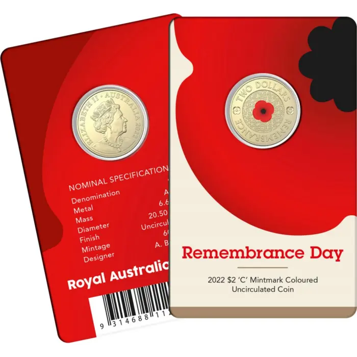 2022 RED POPPY UNCIRCULATED $2 C MINT IN CARD