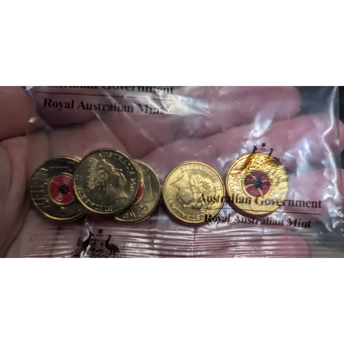 2018 $2 ,"100 Years of Armistice" coloured Red Poppy, RAM bag of 5  
