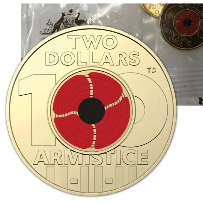 2018 $2 ,"100 Years of Armistice" coloured Red Poppy, RAM bag of 5  