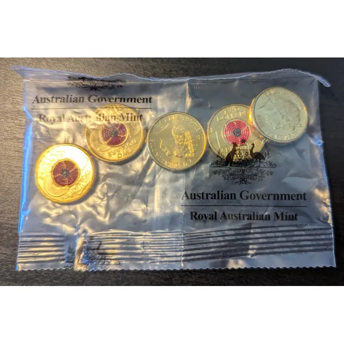 2018 $2 ,"100 Years of Armistice" coloured Red Poppy, RAM bag of 5  