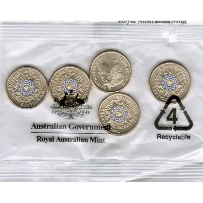 5x 2019 Police Remembrance 5 Coin RAM  Bags RARE Colour $2 - 25 coins in total 